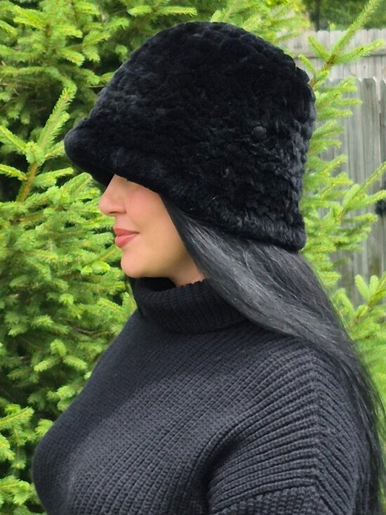 Black Soft Rex Rabbit Fur Panama Hat, Cream Elegant Women\'s Winter Headwear